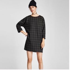 Zara windowpane black & white drop sleeve dress